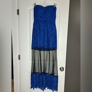 IJ52 Boston Proper Royal Blue Strapless Lace Dress with Black Sheer Paneling